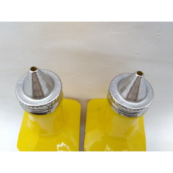 Vintage Retro set of 2 GEMCO USA  Oil & Vinegar yellow glass cruet bottles READ - Picture 11 of 12